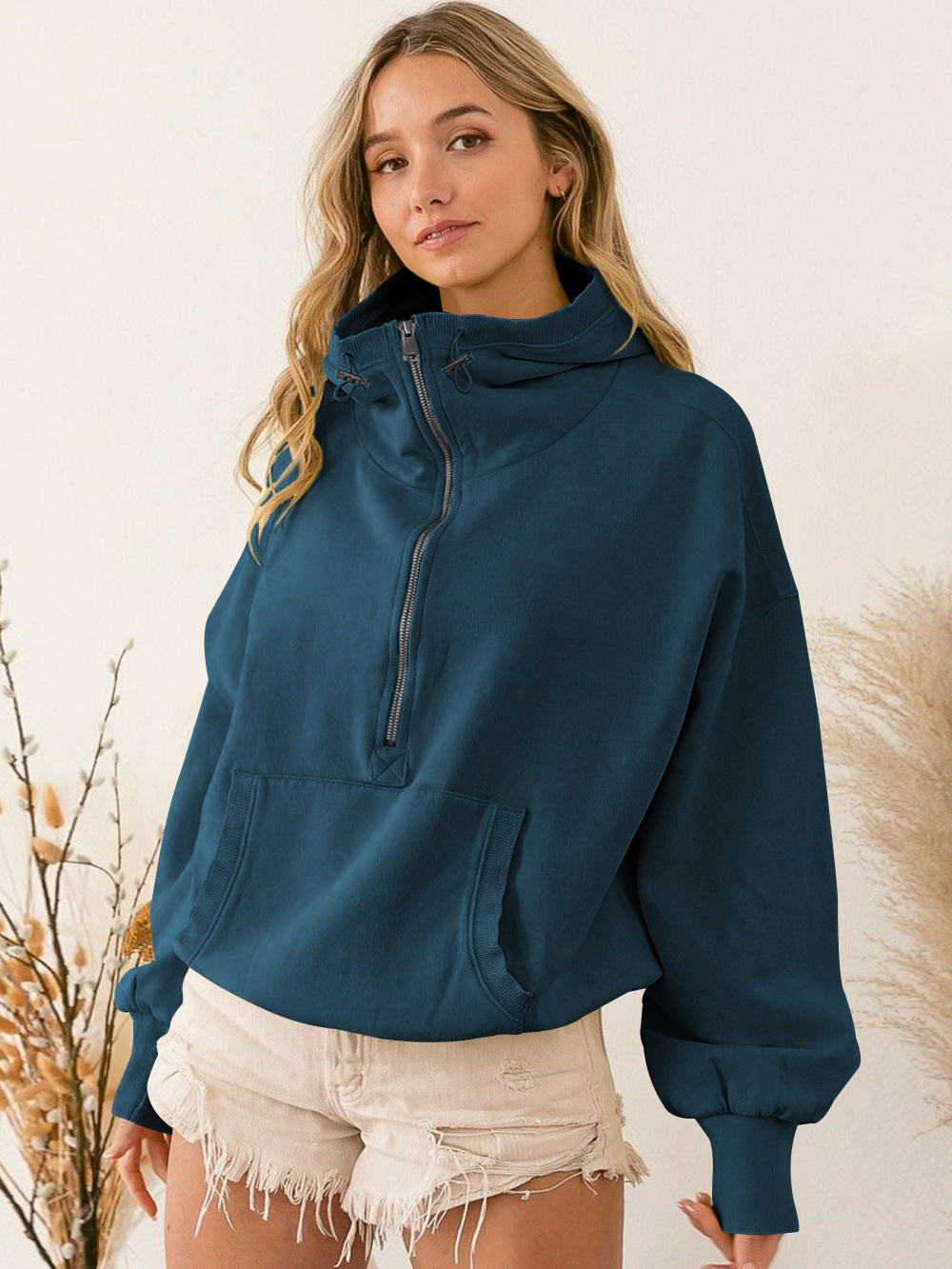 Damen lässiger Kapuzensweater mit halbem Reißverschluss Amawinc