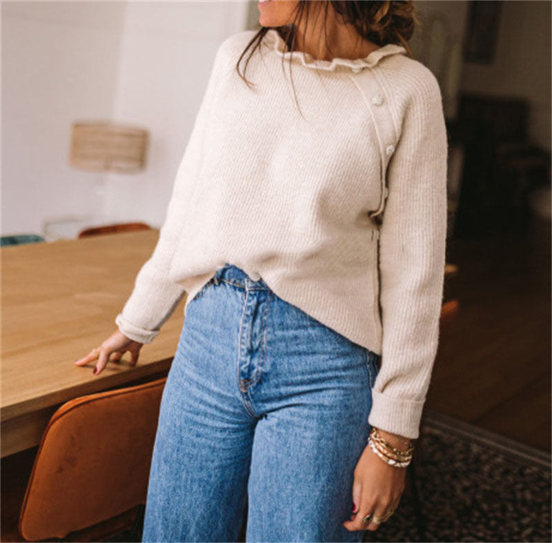 Pull En Maille Pour Femme Mélange De Laine Coupe Décontractée Col Volant Manches Longues