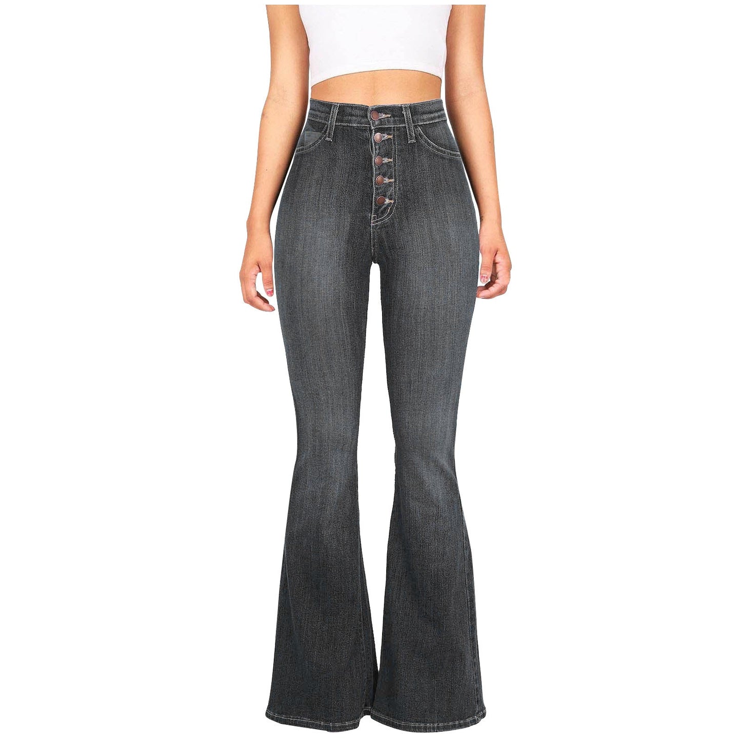 Damen Flared Jeans mit hohem Bund und dekorativer Knopfleiste Amawinc