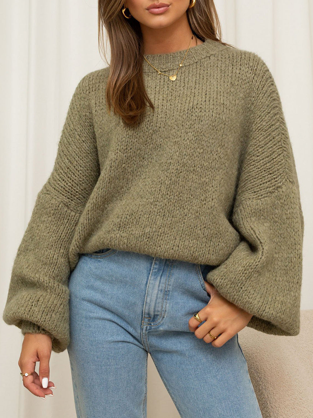 Damen gemütlicher Oversize-Pullover mit voluminösen Ärmeln und weichtexturiertem Strick Amawinc