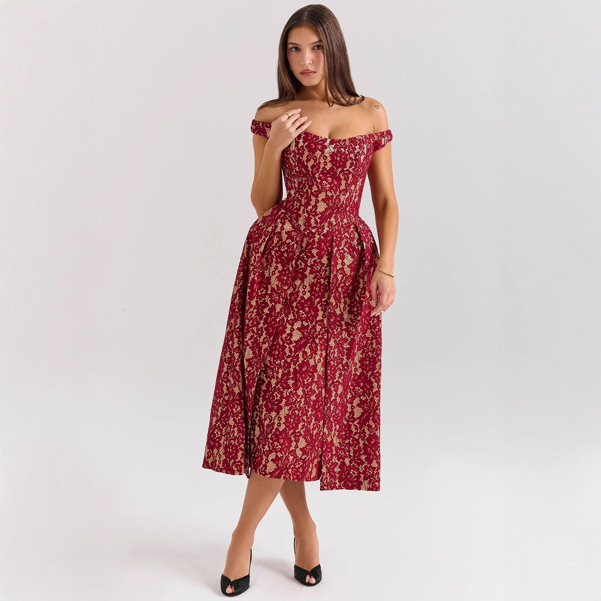 Robe Longue Pour Femme À Épaules Dénudées En Dentelle Taille Cintrée Dos Ouvert Nordic Flair Amawinc