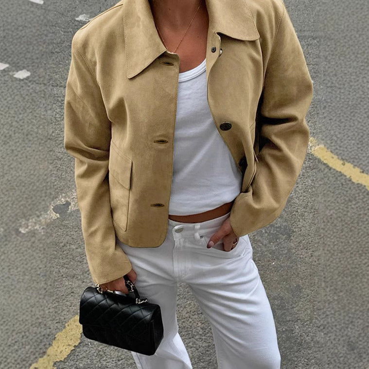 Damen modische Wildlederjacke mit praktischen Taschen Amawinc