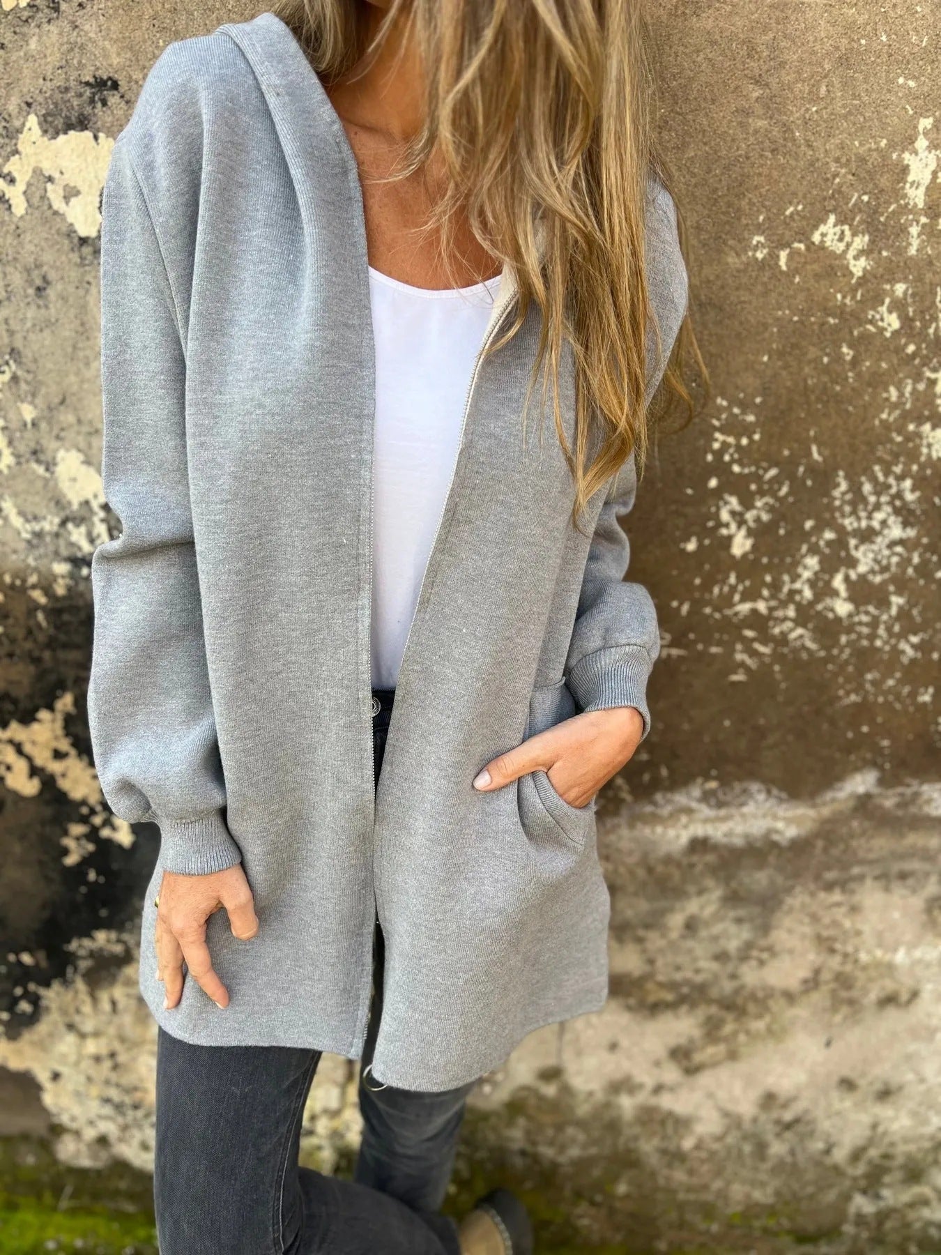 Veste À Capuche Pour Femmes En Mélange Coton Coupe Décontractée Zip Avant Avec Poches