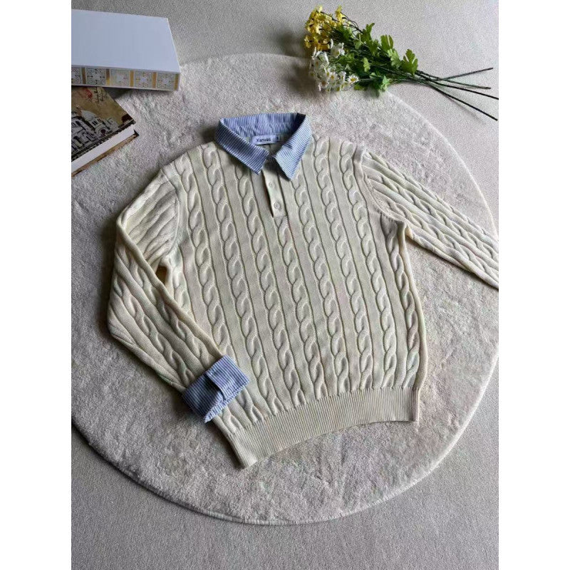 Damen Strickpullover mit dekorativem Zopfmuster und engem Kragen Amawinc