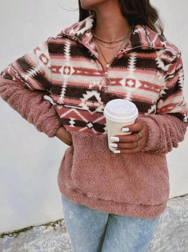 Damen Fleece-Pullover mit modernem Aztekenmuster und Stehkragen Amawinc