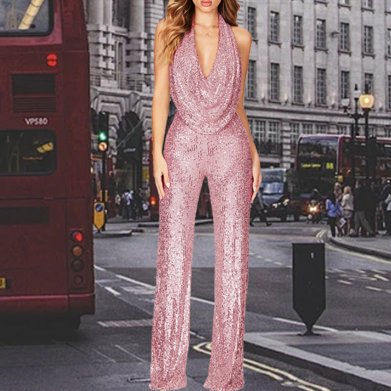 Damen Glitzerndes Jumpsuit mit tiefem V-Ausschnitt und weitem Bein Amawinc
