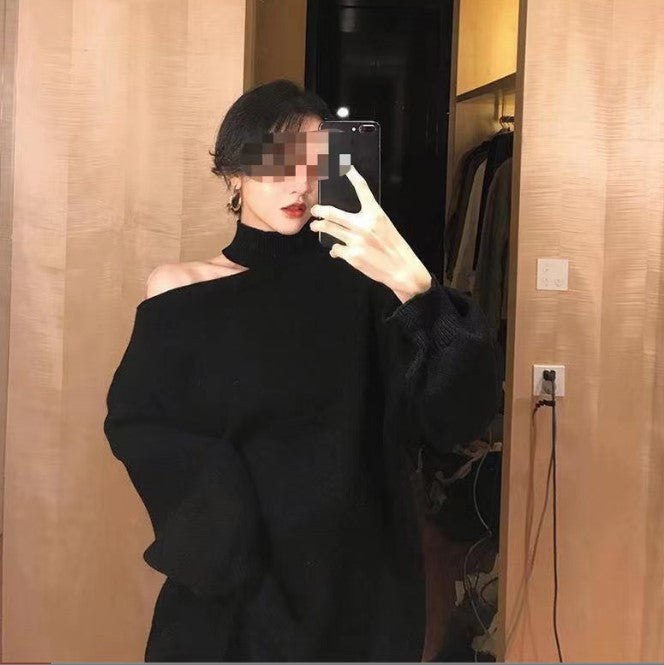 Damen Oversized Pullover mit schulterfreiem Design und hohen Kragen Amawinc