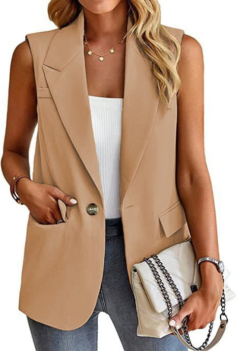 Gilet Blazer Pour Femmes À Coupe Ajustée Sans Manches Avec Revers À Encoches Bouton Unique Et Poches