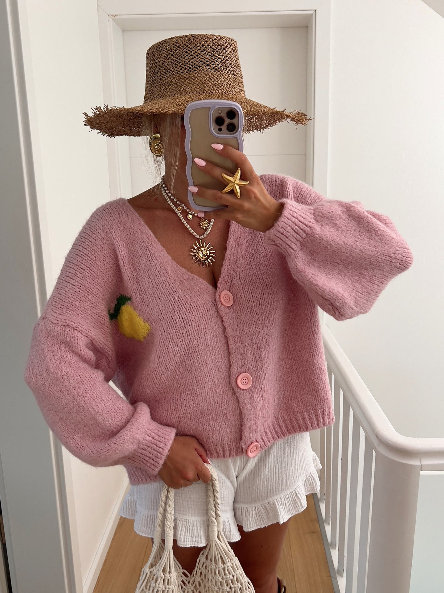 Damen Grober Strickcardigan mit einzigartigem Zitronenmotiv und knopfbarem Verschluss Amawinc