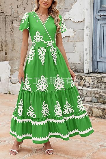 Robe Maxi Femme Col V A Ligne Avec Volants Floral Manches Courtes pour Été Décontracté et Féminin
