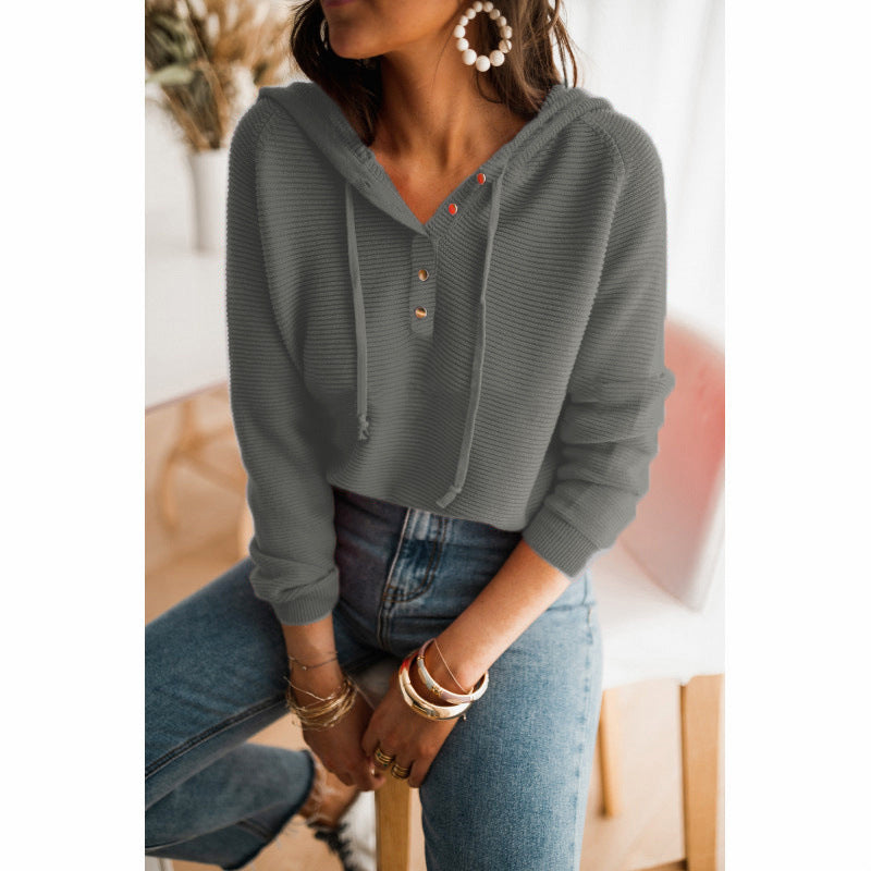 Sweat à Capuche Court Femme Coupe Décontractée Texture Maille Devant Boutonné Capuche Avec Cordon