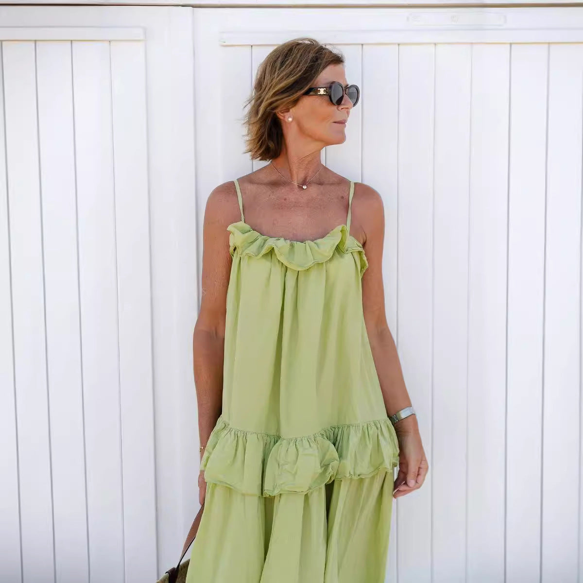 Robe Maxi Femme Fluide En Mélange De Coton Col À Volants Jupe En Couches Pour Été Vacances Élégante Amawinc
