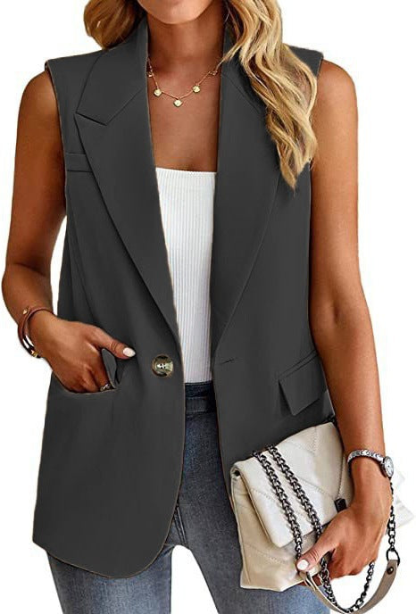 Gilet Blazer Pour Femmes À Coupe Ajustée Sans Manches Avec Revers À Encoches Bouton Unique Et Poches