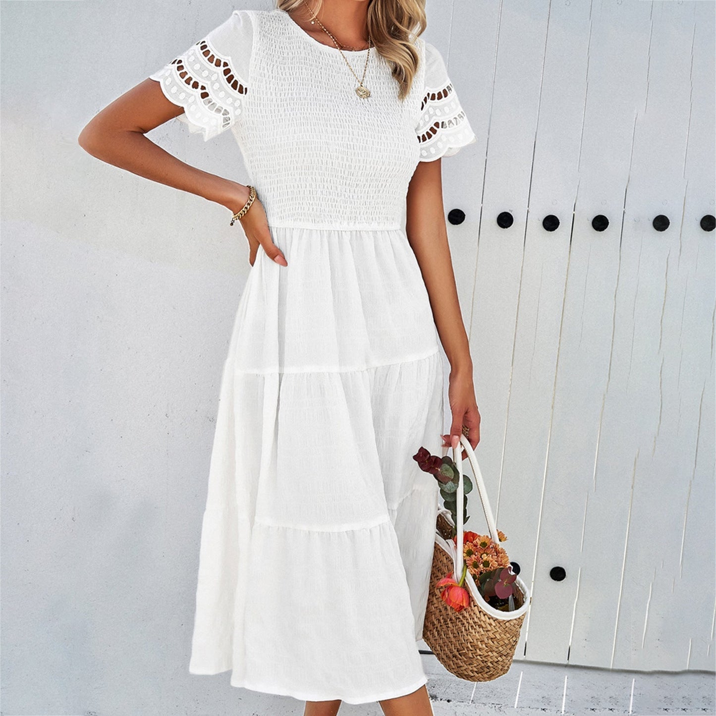 Robe Midi Femme Buste Smocké Manches Courtes Découpées Jupe En Couches Coupe Ample Amawinc