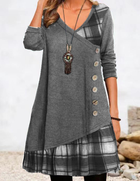 Damen-Langarm-Karierkleid mit Knopfleiste