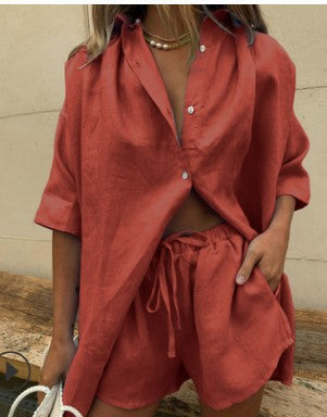 Damen lässiges Leinen-Pyjama-Set mit komfortablem Schnitt Amawinc