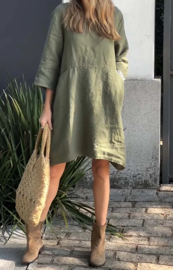Damen lässiges Leinenkleid mit praktischen Taschen und asymmetrischem Saum Amawinc