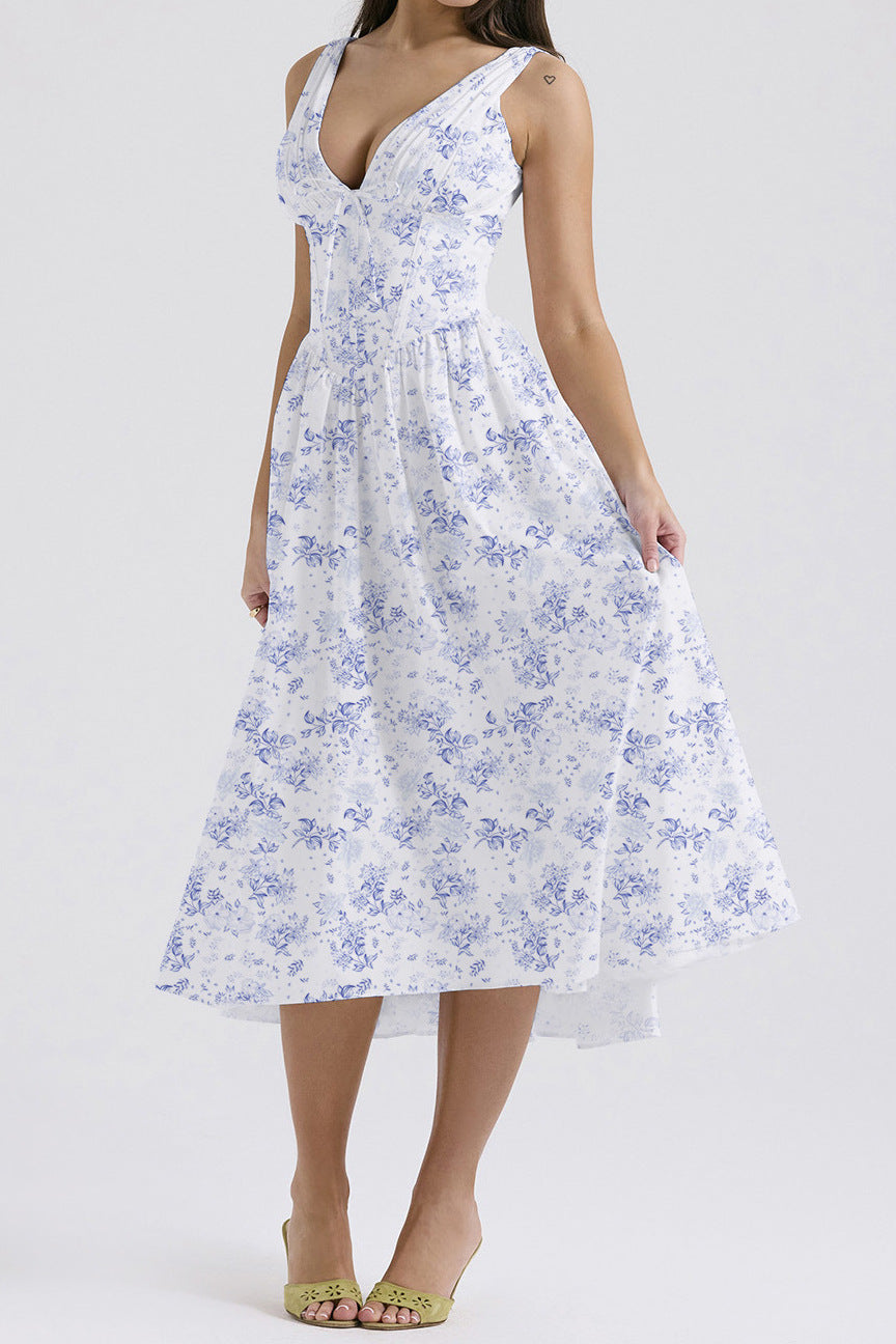 Amawinc Robe Femme Aline Sans Manches Décolleté En V Imprimé Floral Longueur Midi Chic Et Confortable Été