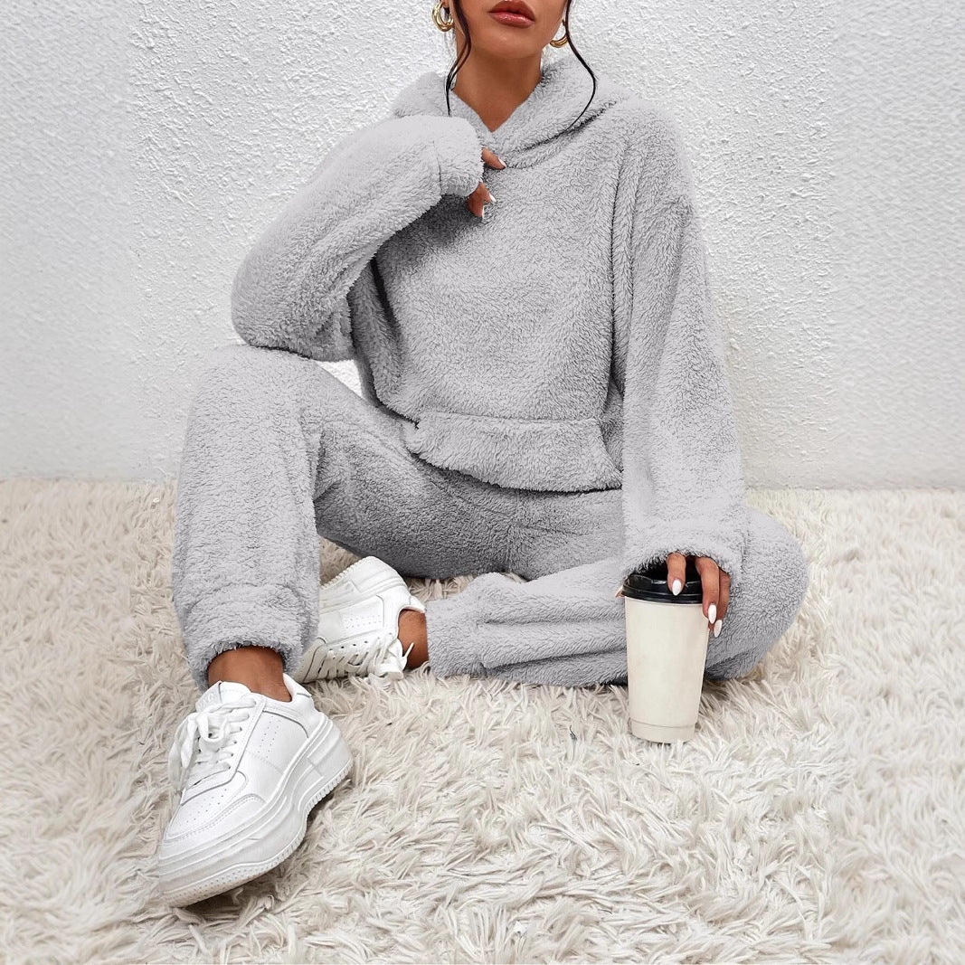 Ensemble Décontracté Femme Deux Pièces En Polaire Avec Sweat À Capuche Et Poche Kangourou Pantalon Large