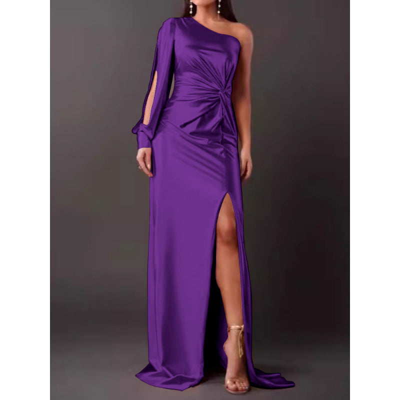Robe À Une Épaule Pour Femme Maxi En Satin Élégante Coupe Slim Avec Fente Haute Pour Soirée