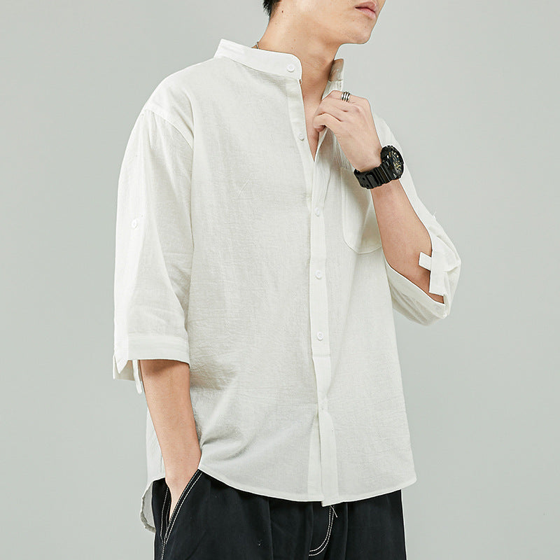Chemise Homme En Mélange Lin Coton Col Mao Manches 7 8 Décontractée Pour Quotidien