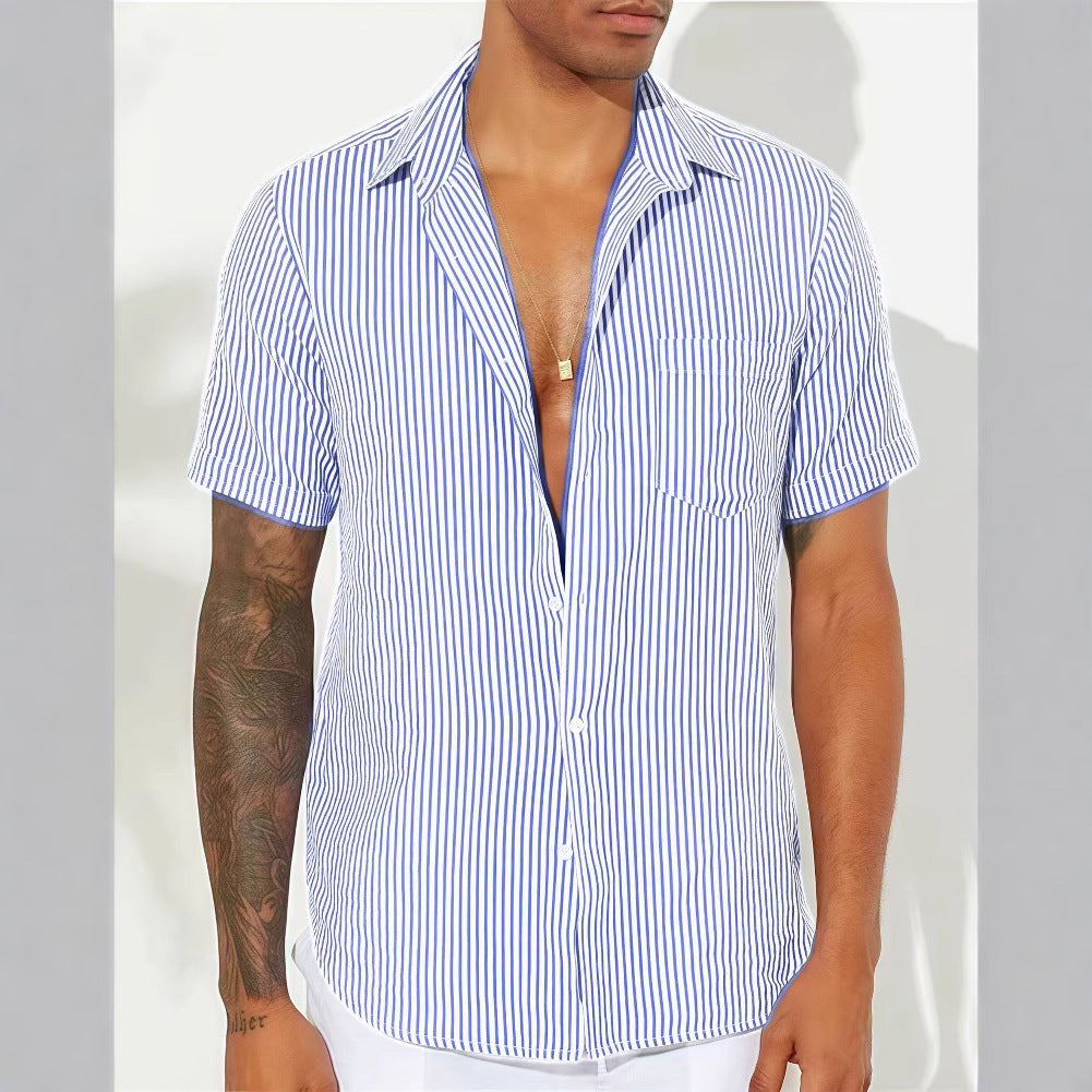 Chemise Homme À Rayures En Mélange De Coton Manches Courtes Coupe Décontractée Pour Style Quotidien