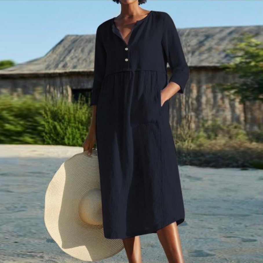 Fudus Baumwoll-Leinen Kleid mit mittel langen Ärmeln