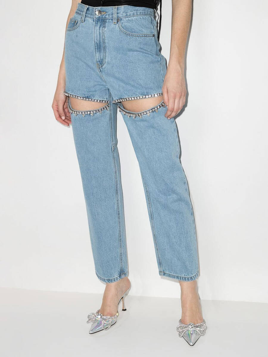 Damen Jeans mit dekorativen Cut-Outs und Strassverzierungen Amawinc