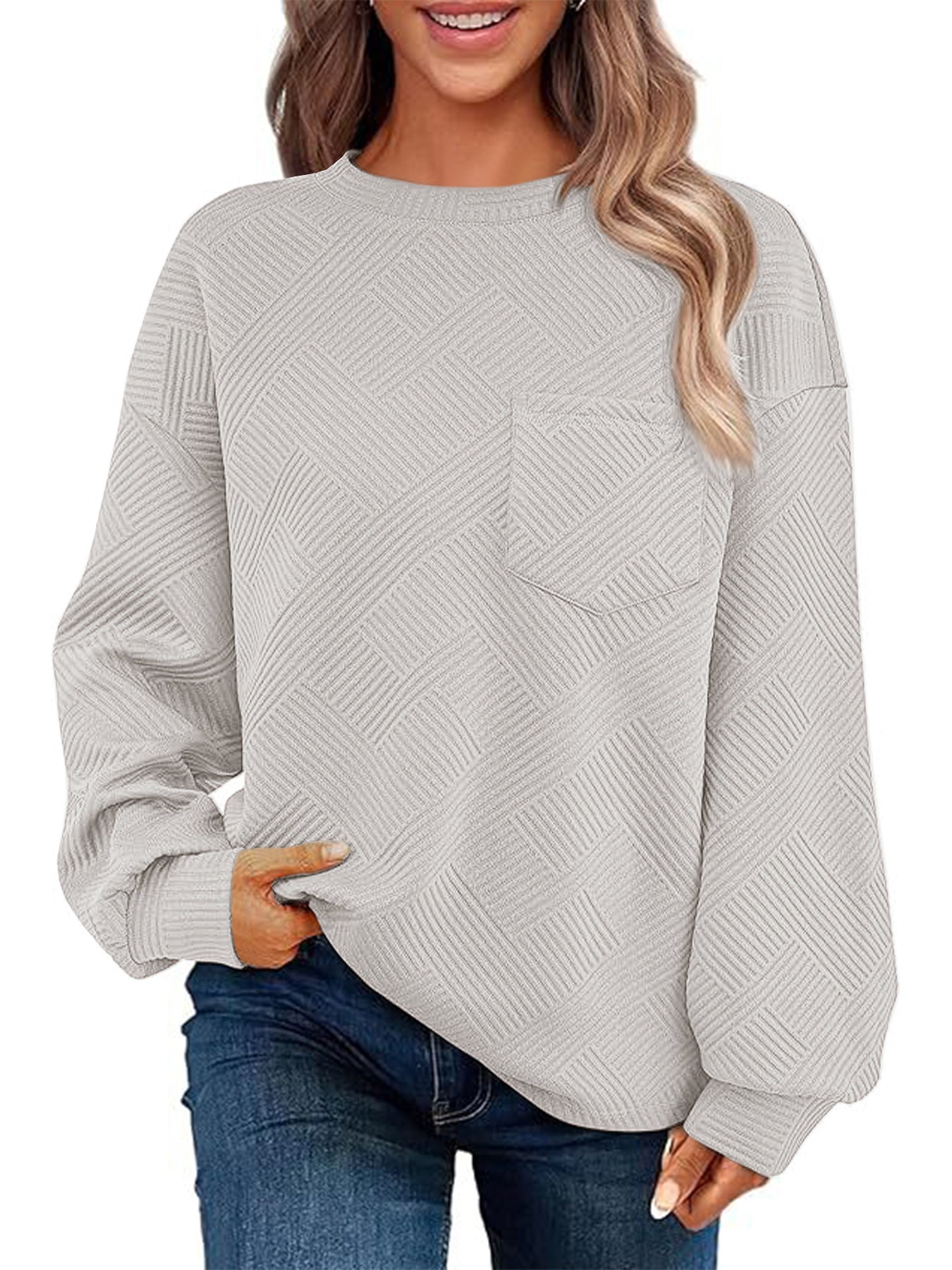 Damen Lässiger Pullover mit strukturiertem Muster und praktischen Taschen Amawinc