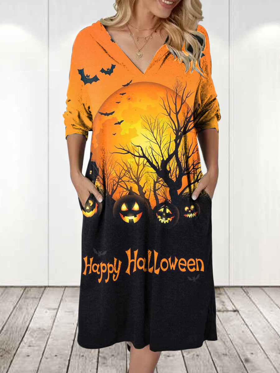 Damen Kapuzenkleid mit Halloween-Motiv und praktischen Taschen Amawinc