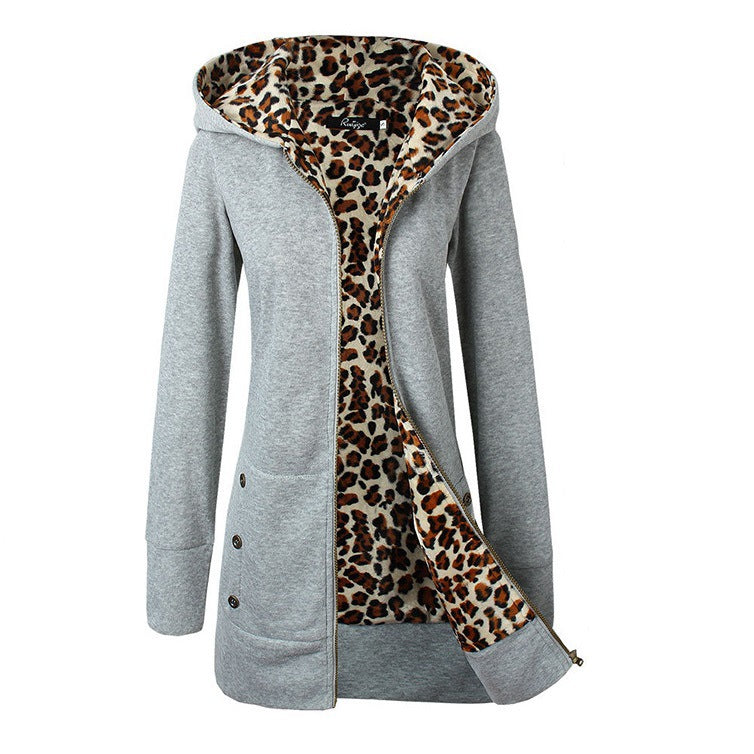 Damen Kapuzenpulloverjacke mit leopardem Innenfutter Amawinc
