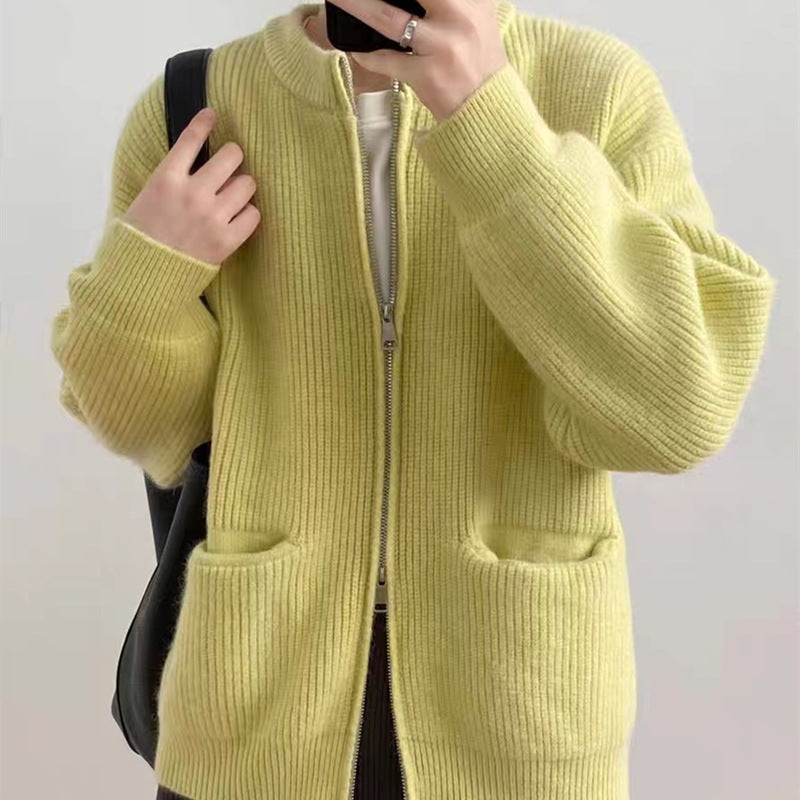 Cardigan Femme En Maille Côtelée Mélange Laine Coupe Oversize Avec Double Zip Poches