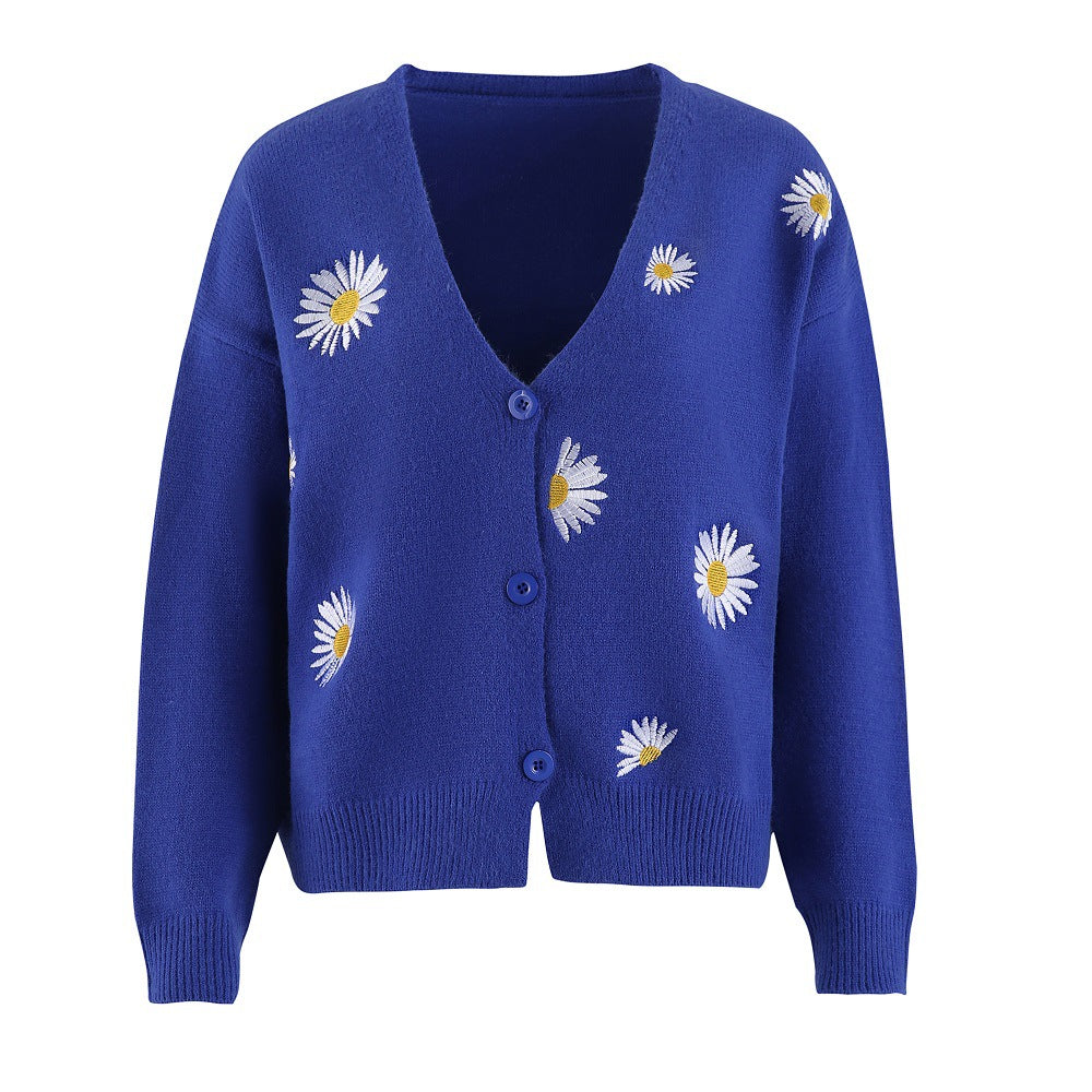 Damen Strickjacke mit Blumenstickerei und V-Ausschnitt Amawinc