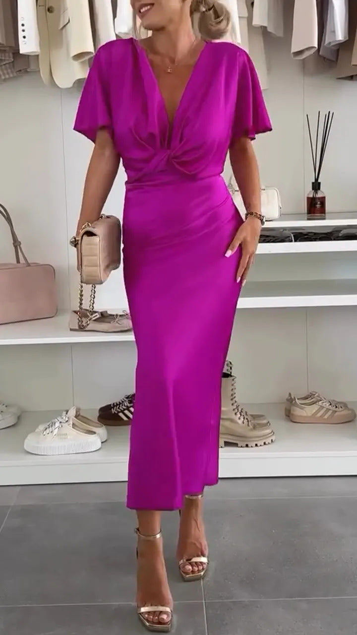 Damen Knielanges Satin-Kleid mit Kreuz-Design Amawinc