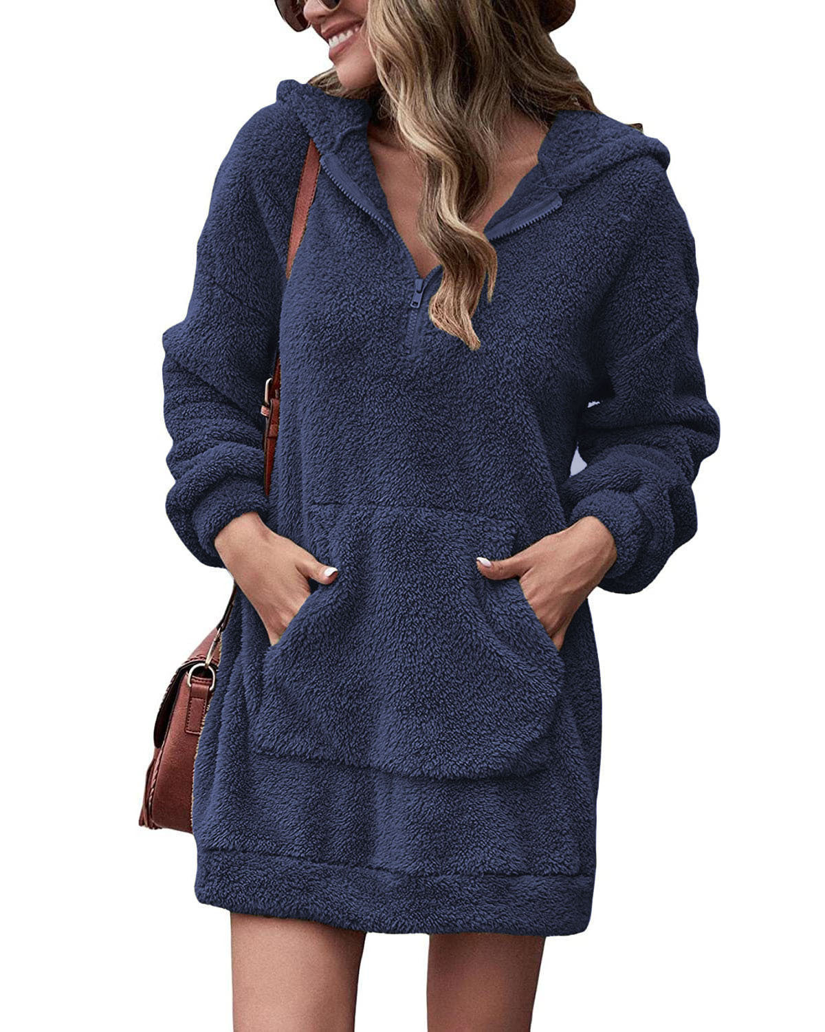 Damen kuscheliges Fleece-Kleid mit Kapuze und Taschen Amawinc