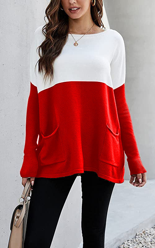 Damen Strickpullover mit großen Fronttaschen und kontrastiertem Design Amawinc