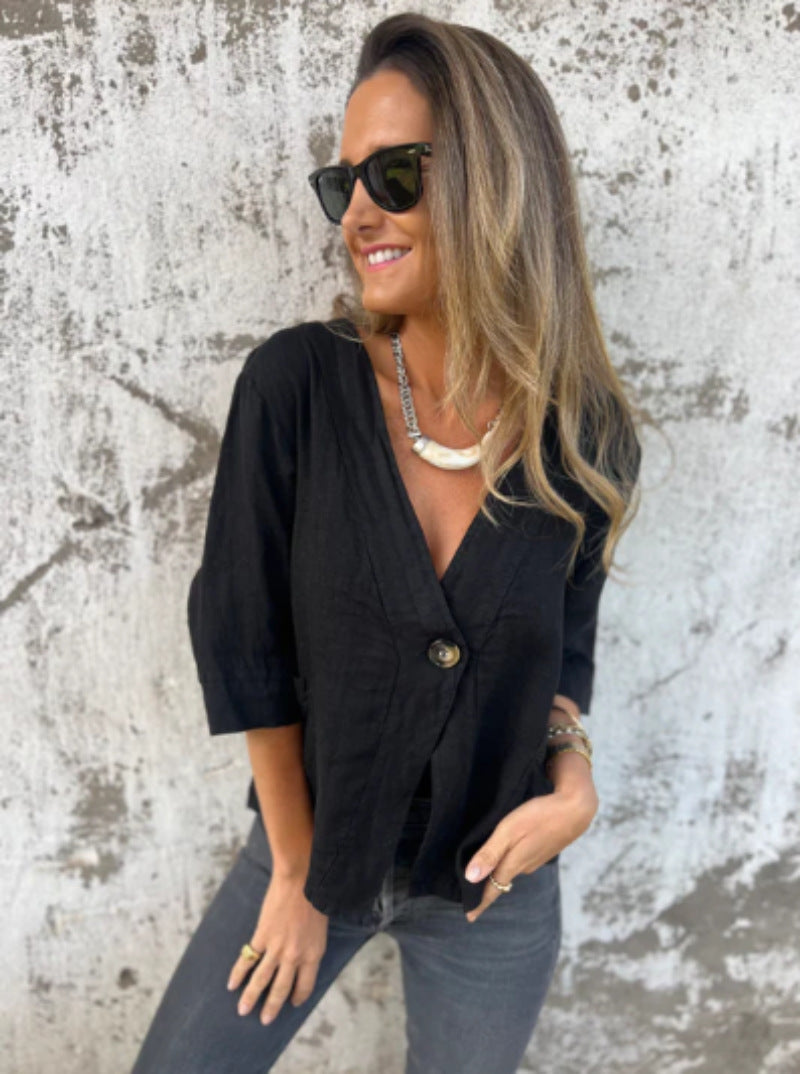 Damen Leichtes Leinenblazer mit kurzer Arm Amawinc