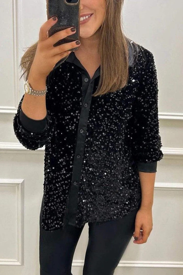 Damen Glitzernde Bluse aus Pailletten mit klassischem Kragen Amawinc