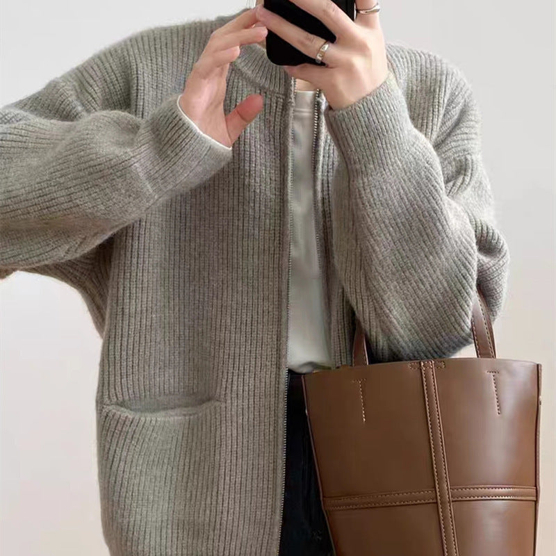 Cardigan Femme En Maille Côtelée Mélange Laine Coupe Oversize Avec Double Zip Poches