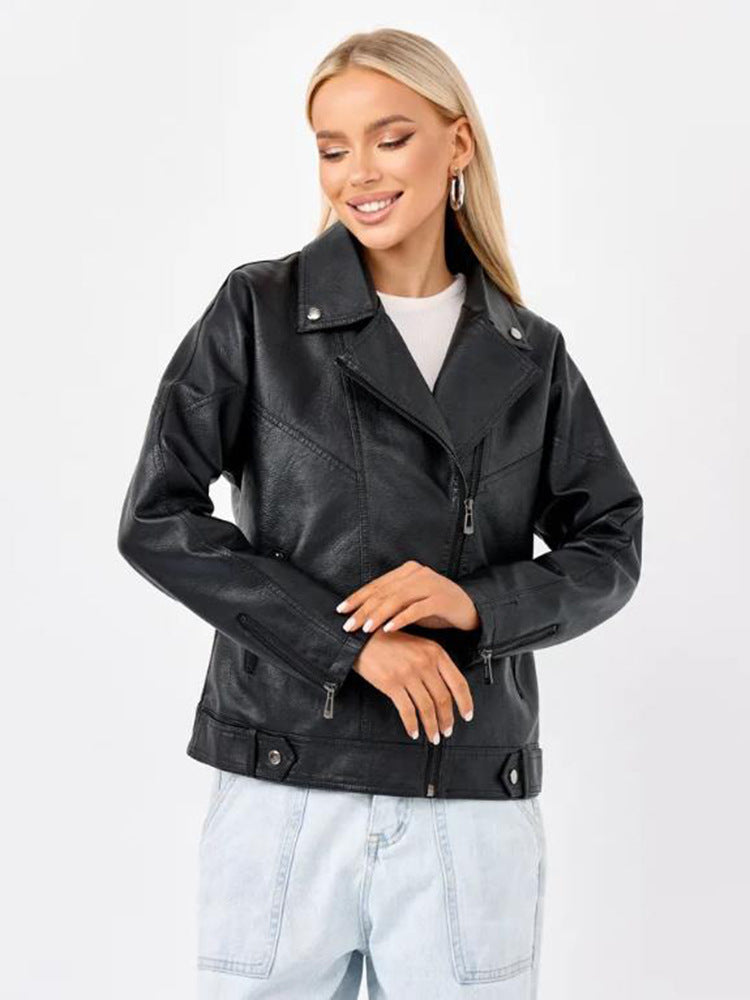 Damen hochwertige Kunstlederjacke im Biker-Stil mit asymmetrischem Reißverschluss Amawinc