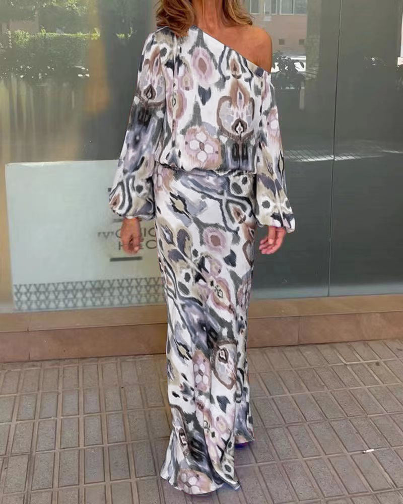 Damen Elegantes Maxikleid im grafischen Batikdesign mit Off-Shoulder-Ausschnitt und voluminösen Ärmeln Amawinc