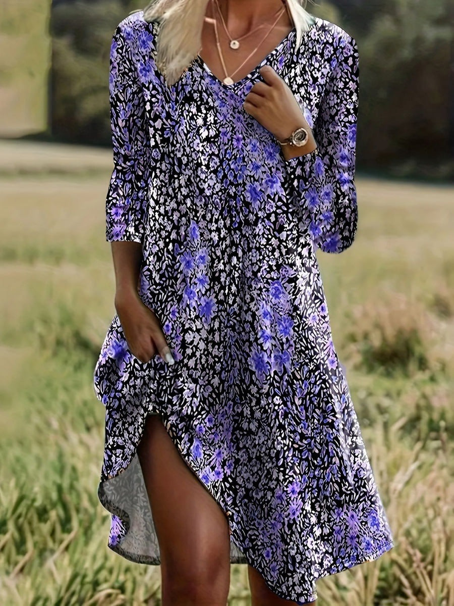 Damen Freizeitkleid mit modischem V-Ausschnitt und Seitenschlitz Amawinc