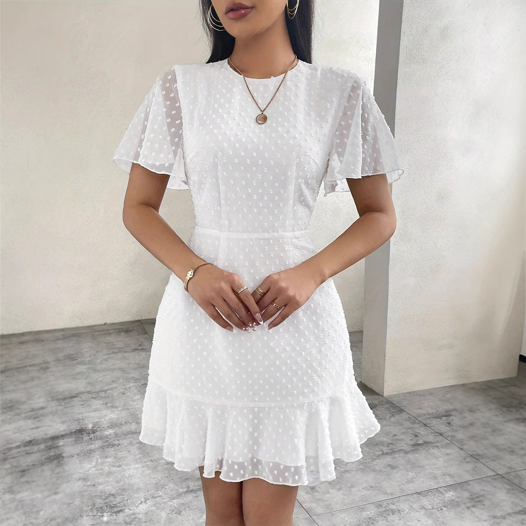 Robe Femme Amawinc A Ligne Jacquard À Pois Manches Courtes Longueur Mini Évasée Estivale
