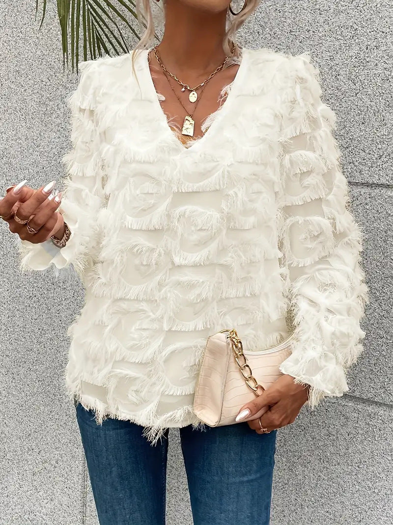 Damen luxuriöse Rüschenbluse mit V-Ausschnitt und feinen Details Amawinc