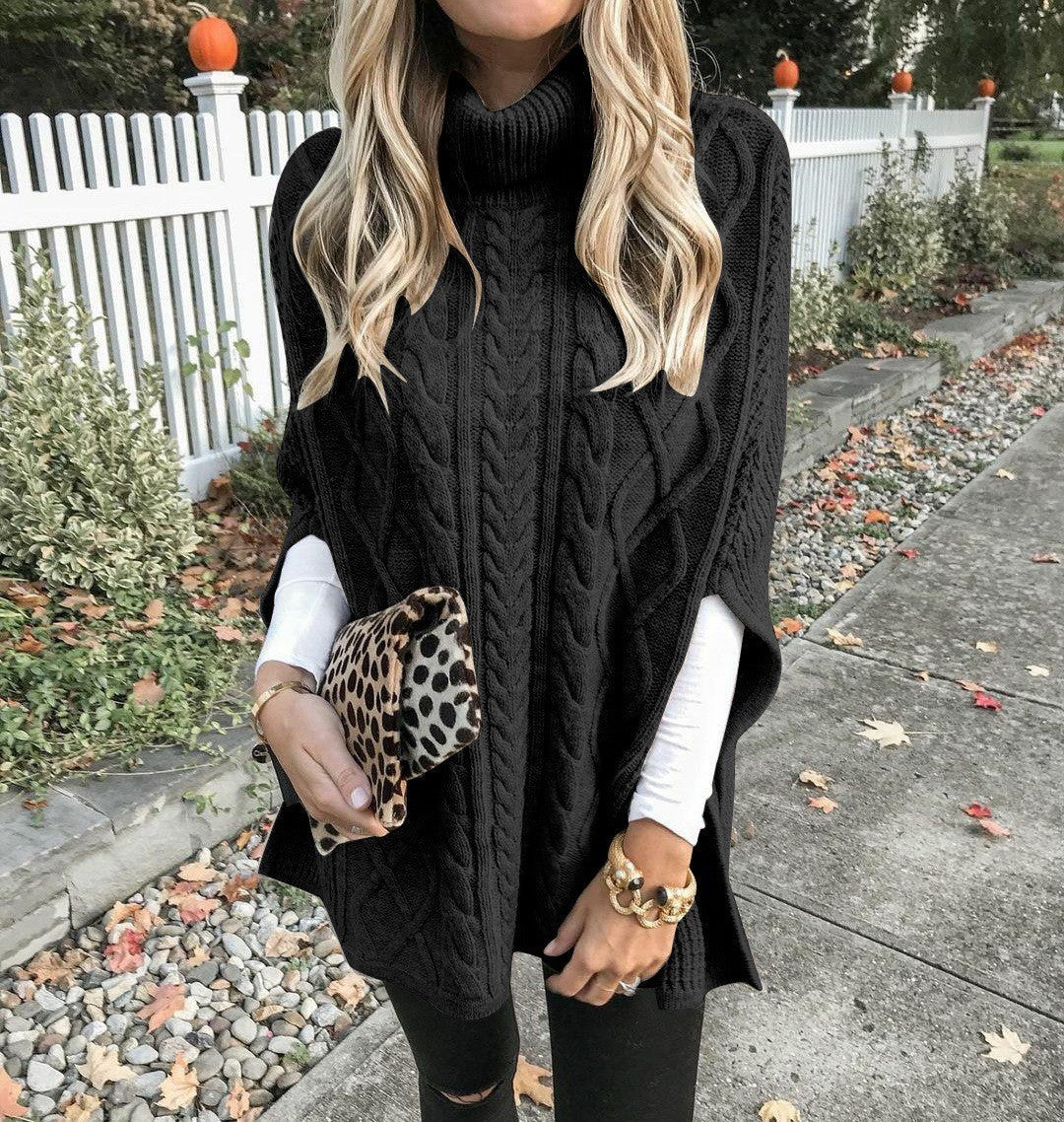 Damen Strickponcho mit hochschließendem Kragen und klassischem Kabelmuster Amawinc