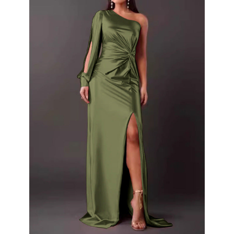Robe À Une Épaule Pour Femme Maxi En Satin Élégante Coupe Slim Avec Fente Haute Pour Soirée