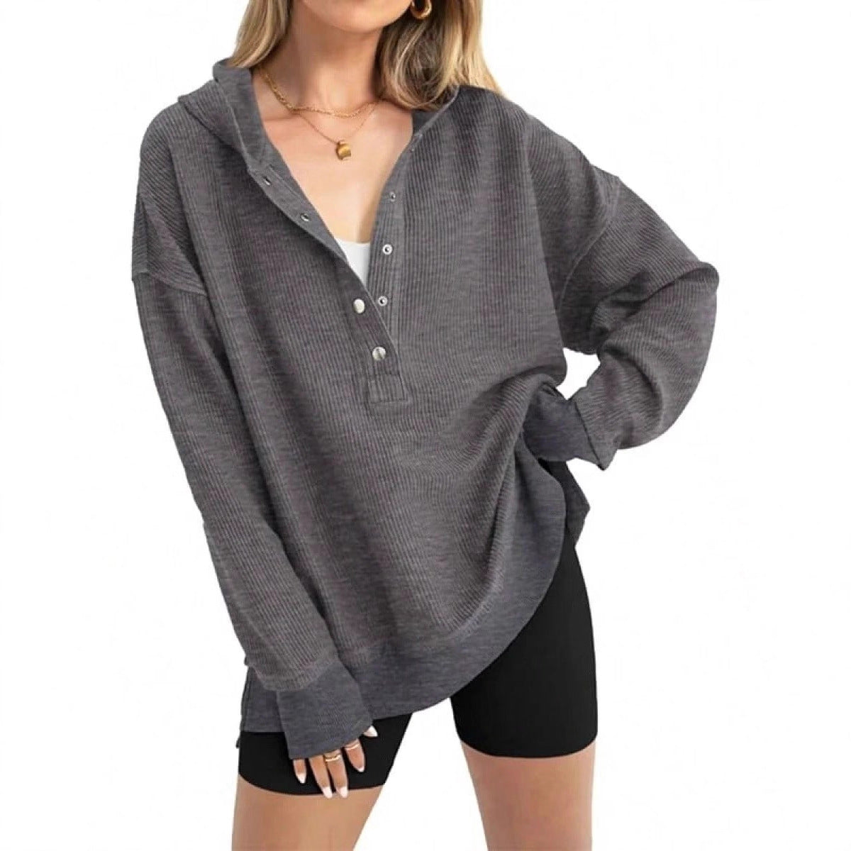 Damen Lässiger Kapuzenpullover mit Knopfdetails und überschnittenen Schultern Amawinc