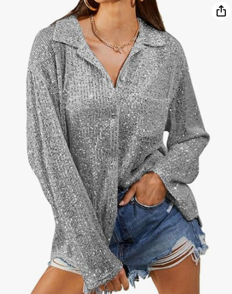 Damen Glitzernde Oversize-Bluse mit lässigem Schnitt Amawinc