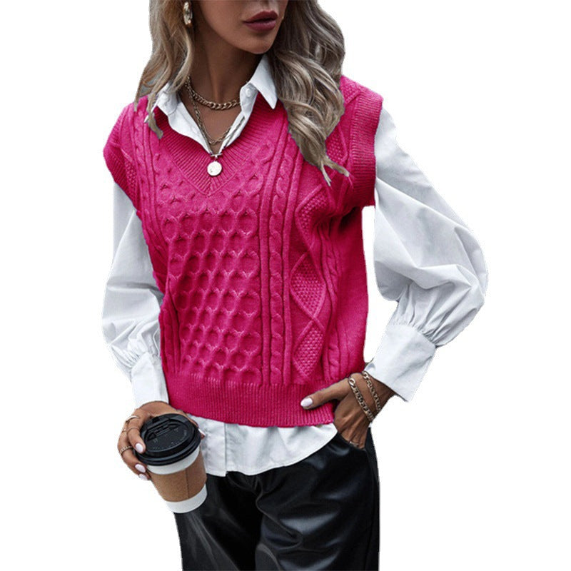 Damen Strickpullover mit Zopfmuster und V-Ausschnitt Amawinc