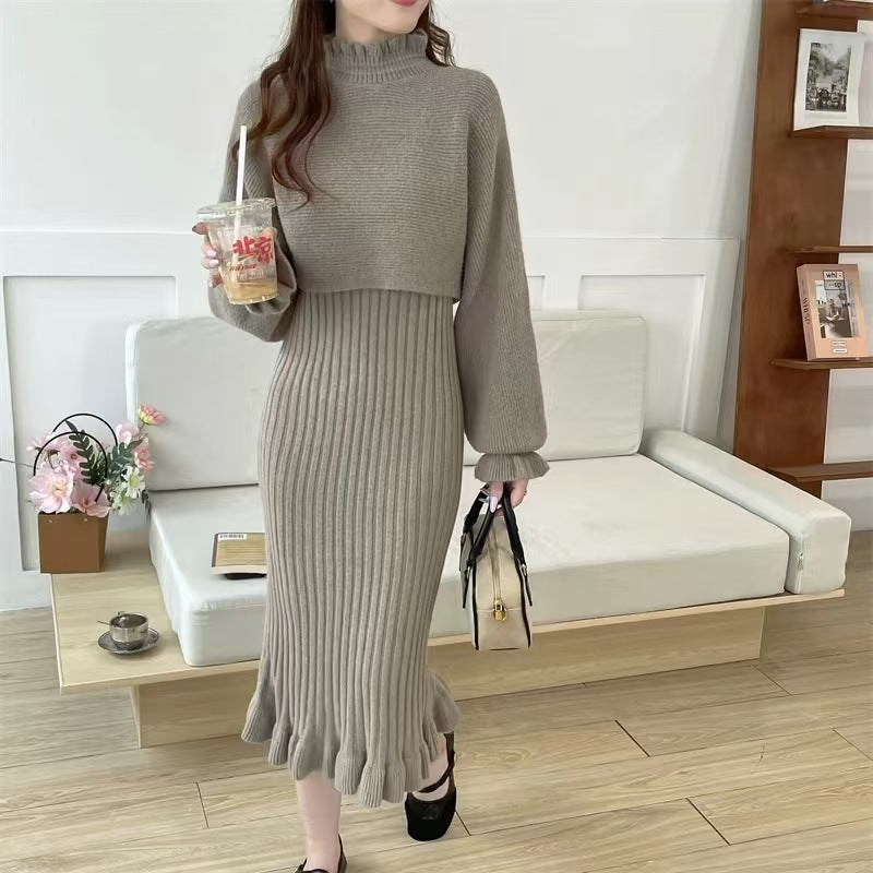 Damen Strickkleid mit hochgeschlossenem Kragen und Rippstruktur Amawinc